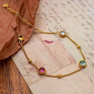 18K Gold Plated Bezel Station Bracelet with Multicolor Zircon Accents